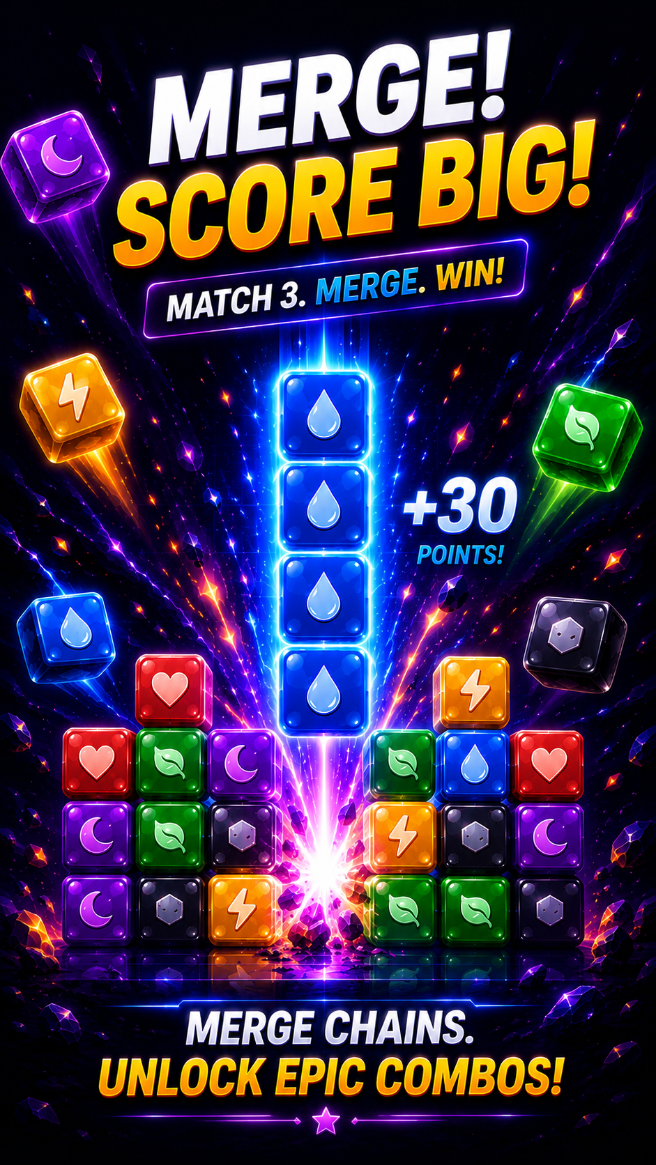 FuseStack — Merge! Score Big: Match 3, merge chains, and unlock combos