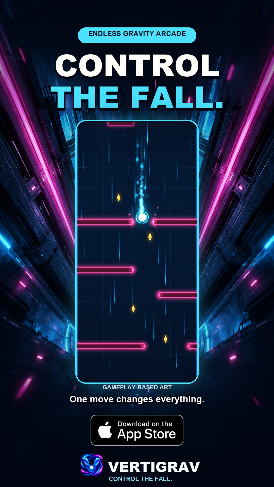VertiGrav promotional artwork with the falling core and neon barriers
