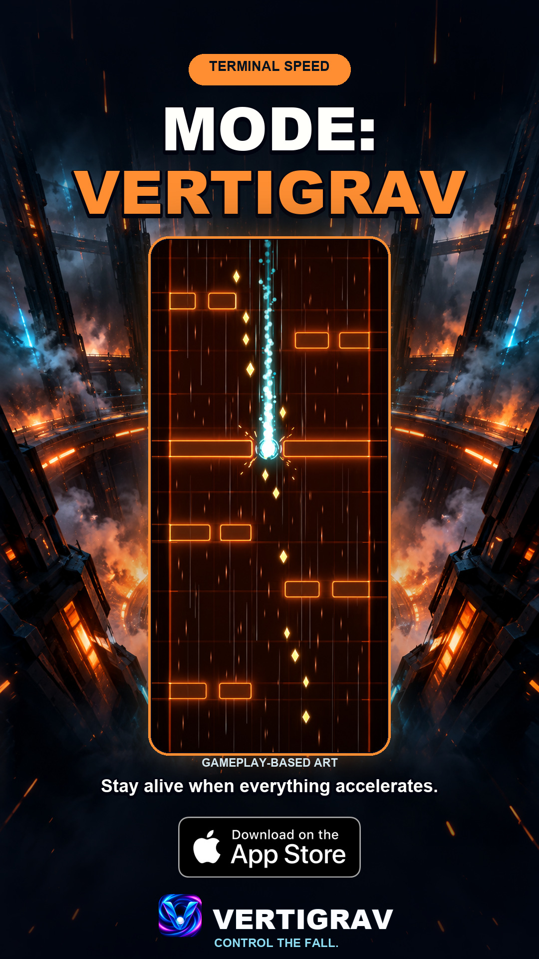 Promotional artwork of VertiGrav mode with orange gates and a cyan energy trail
