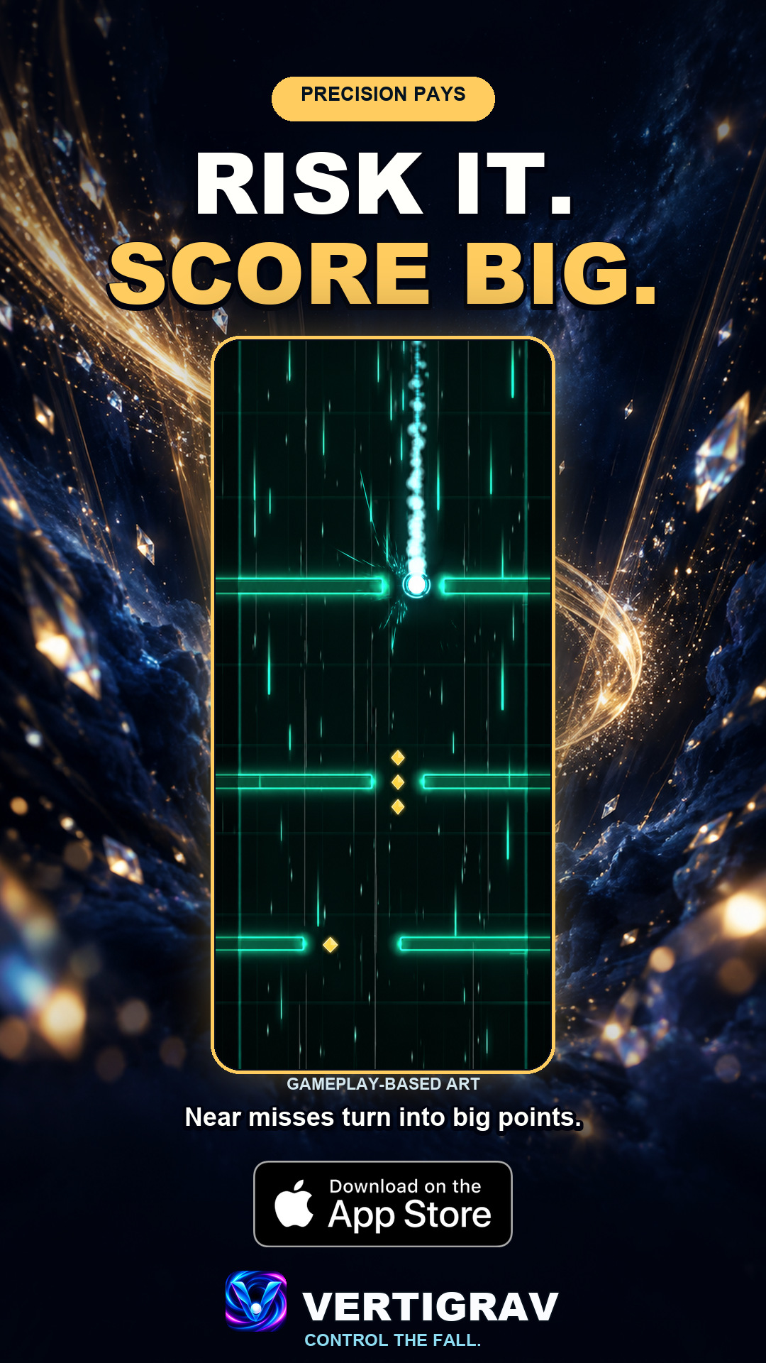 Promotional artwork of a near miss between glowing obstacles